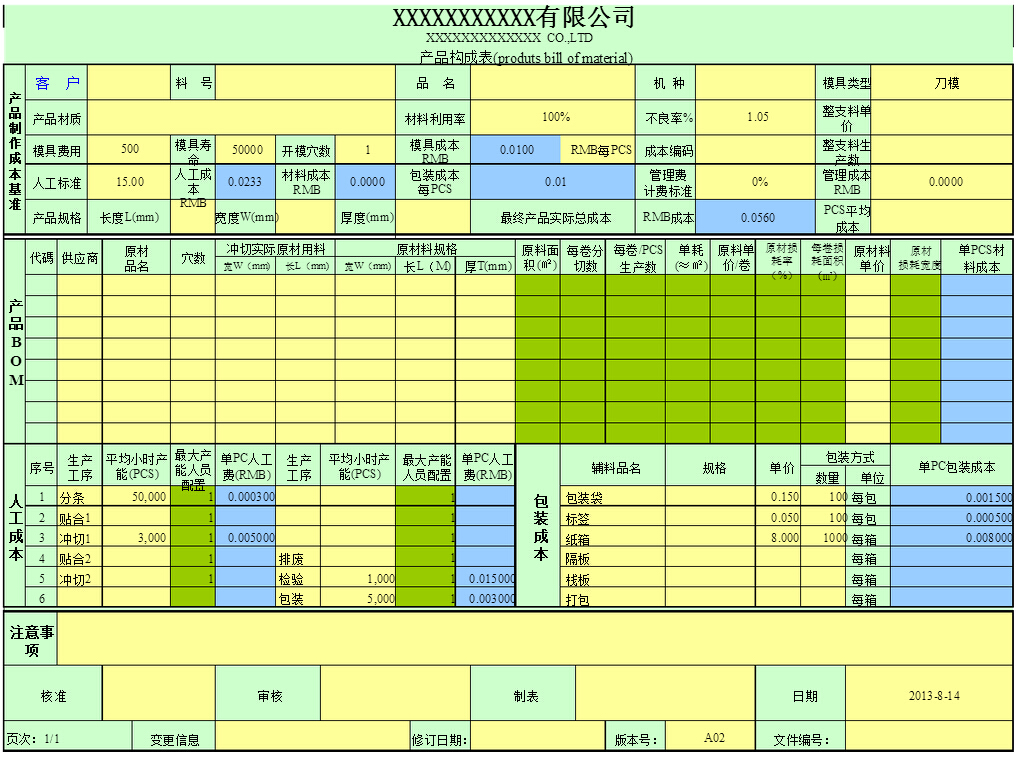 模切厂产品报价（成本核算）模板